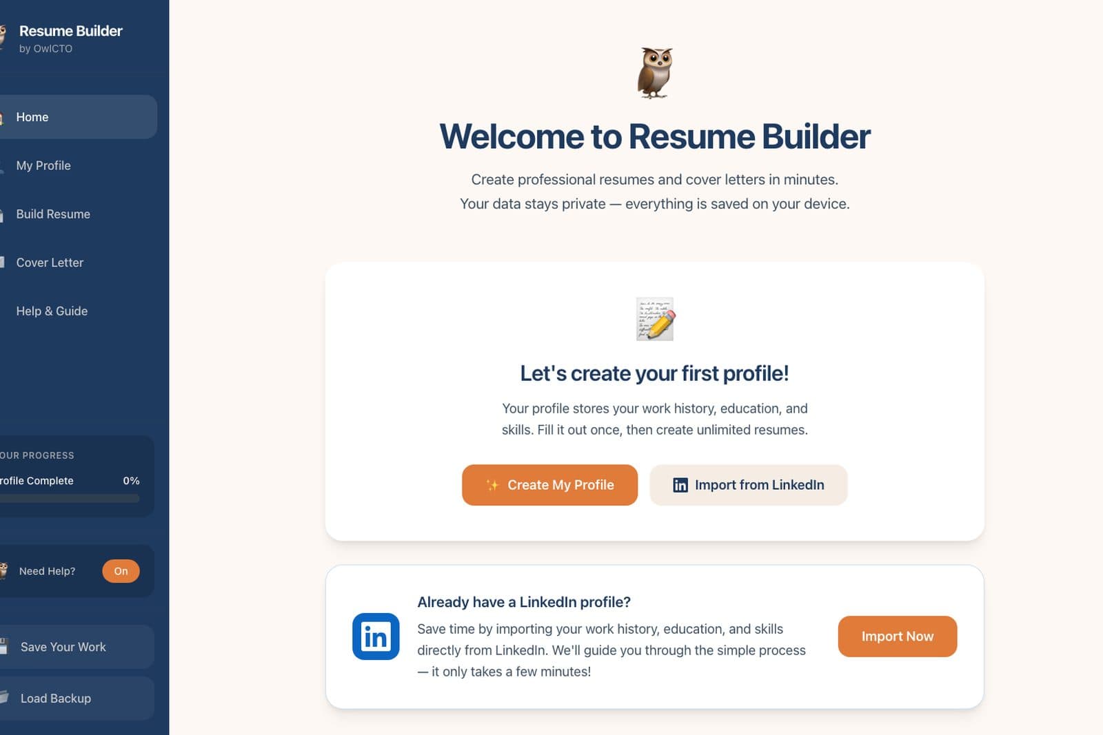 The Owl CTO Resume Builder start screen