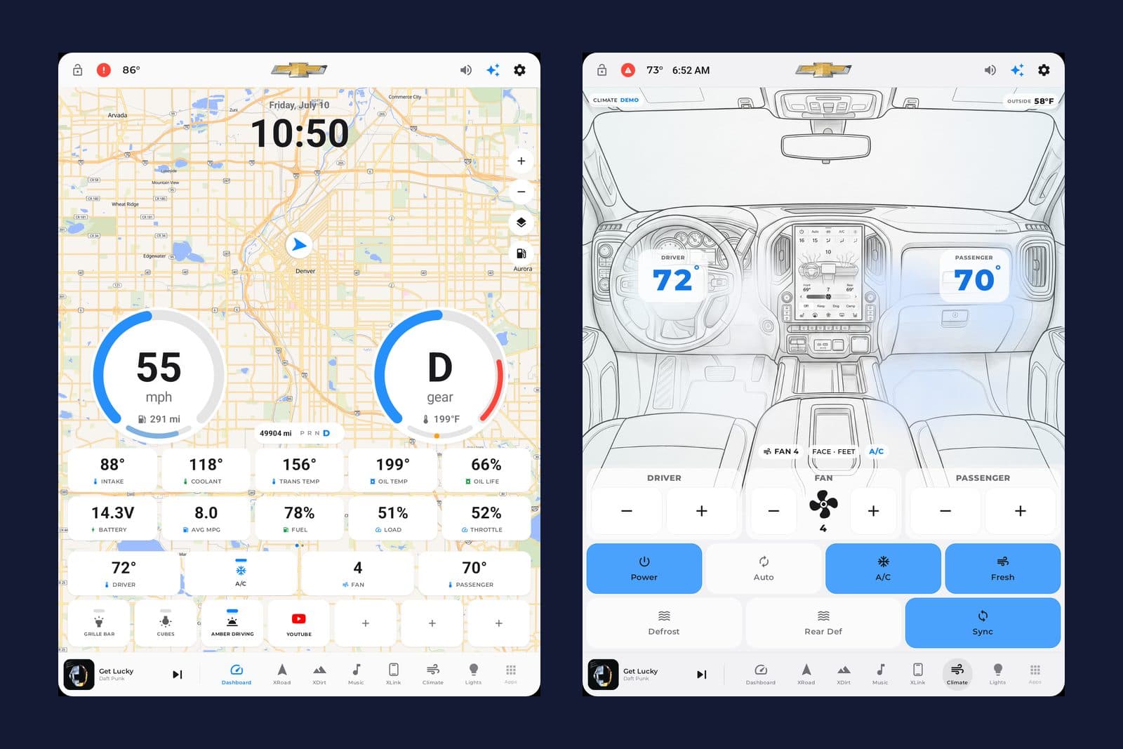 Head unit screens: the driving dashboard and climate controls