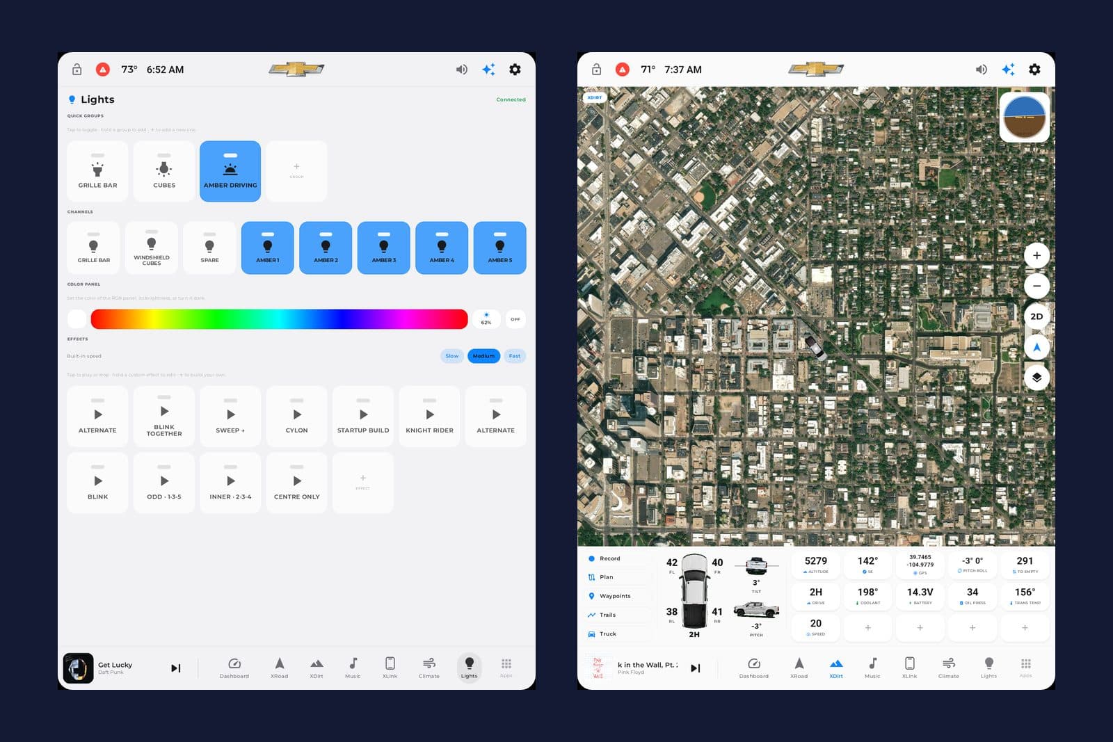 Head unit screens: off-road light controls and trail map