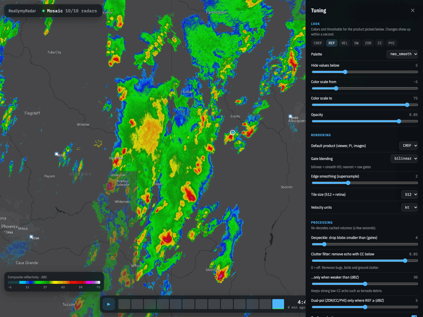 ReallymyRadar's tuning drawer with palette, rendering and clutter-filter settings