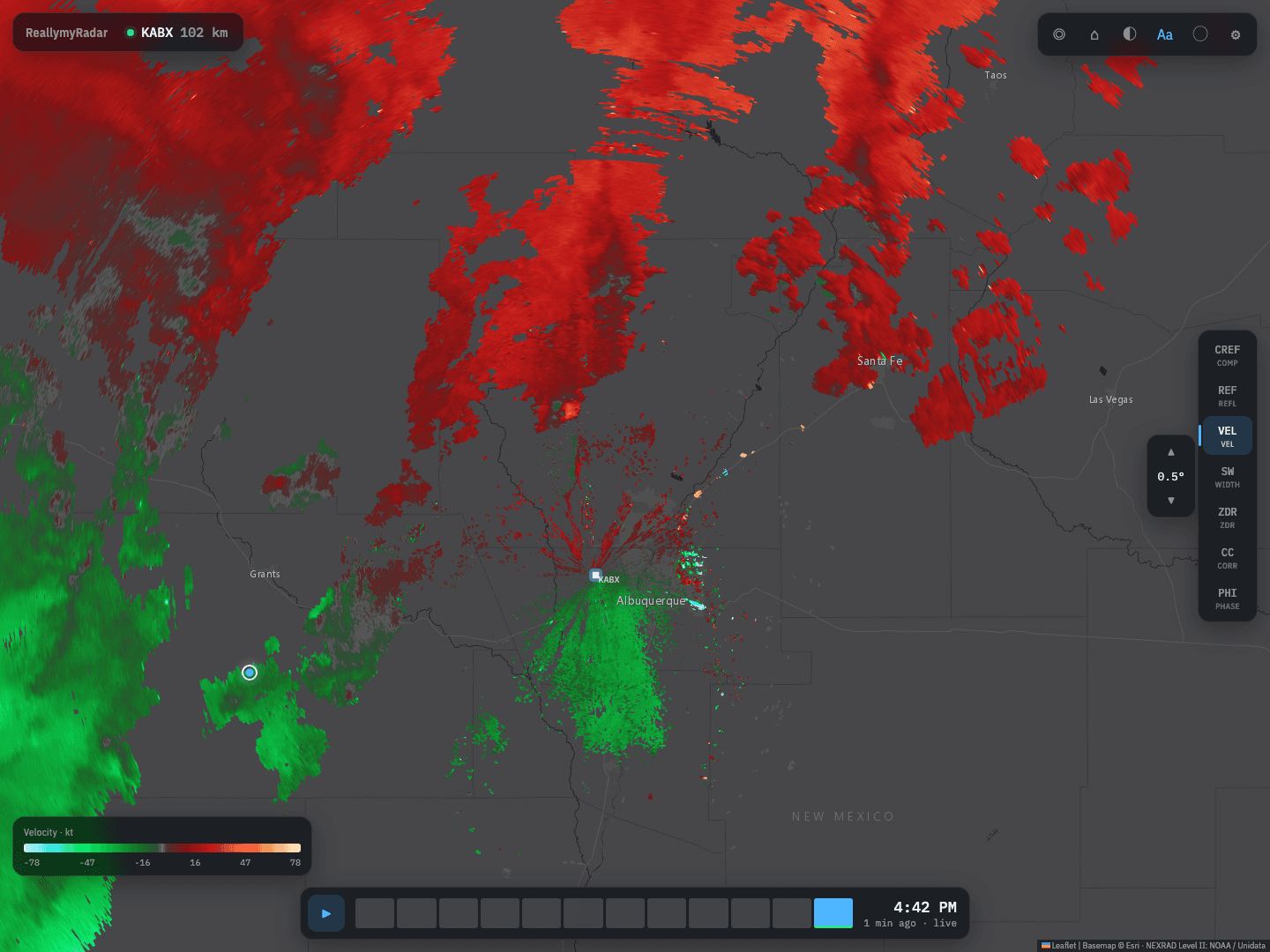 ReallymyRadar showing radial velocity from the Albuquerque radar