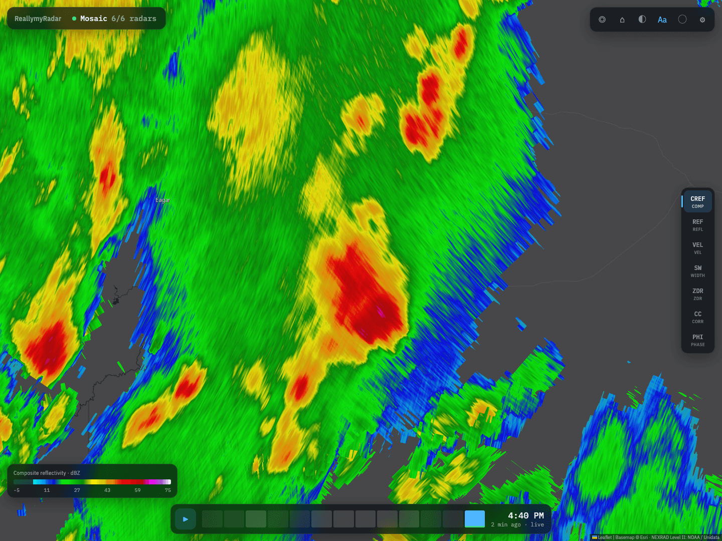 ReallymyRadar zoomed in on a storm in western New Mexico, drawn from the radar's native gates