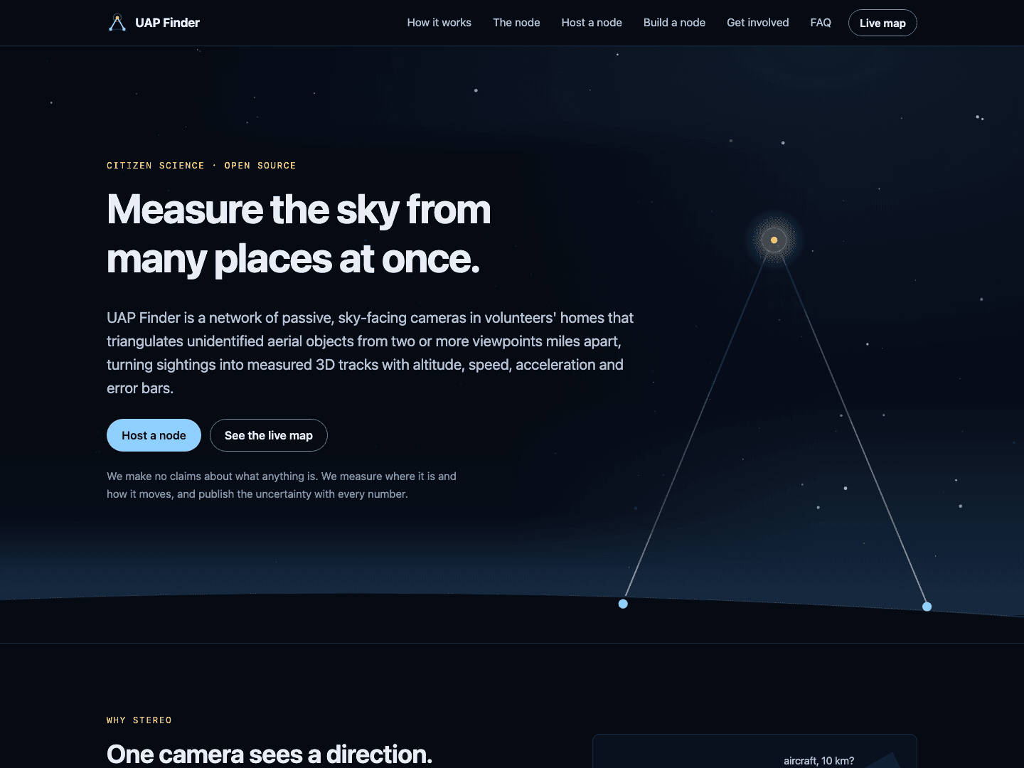 The UAP Finder website home page: Measure the sky from many places at once