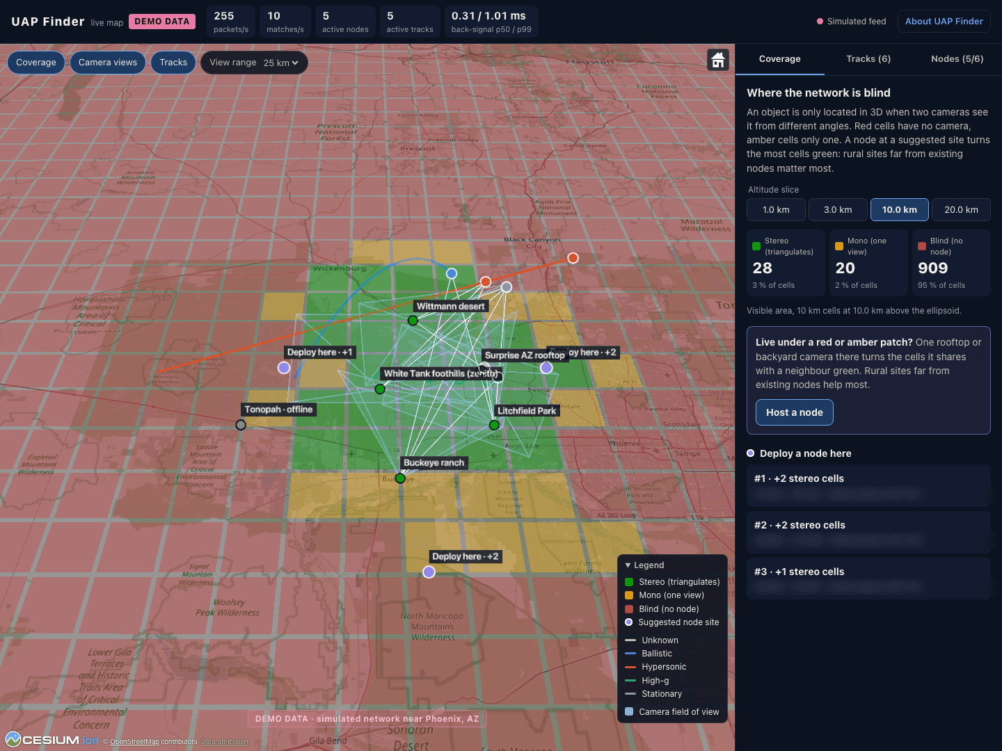 UAP Finder live map in demo mode, showing coverage cells and simulated tracks near Phoenix