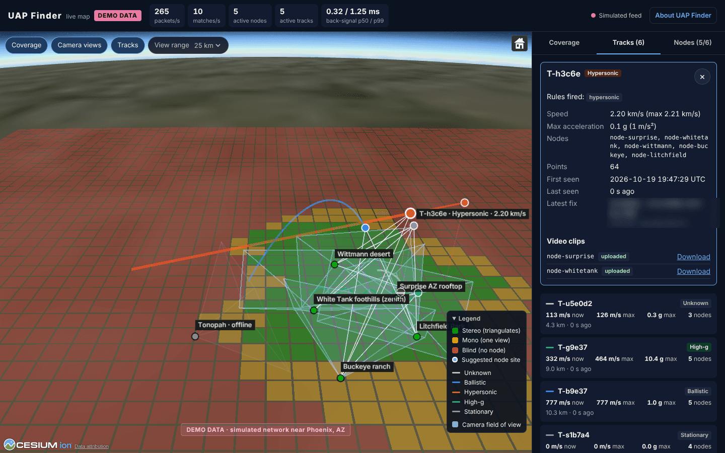 UAP Finder live map with a simulated hypersonic track selected